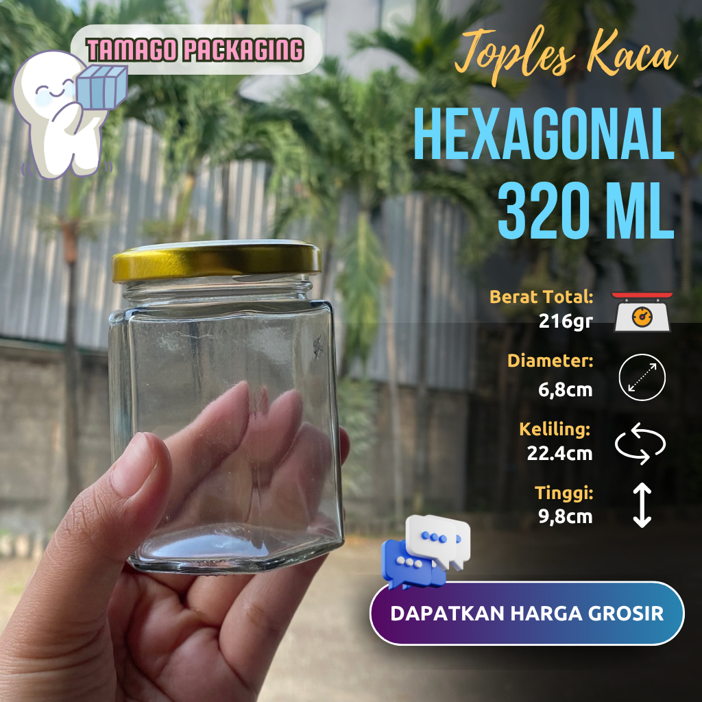 320ml Botol KACA, Jar KACA - bentuk Hexagon / Botol Kaca Hexagonal