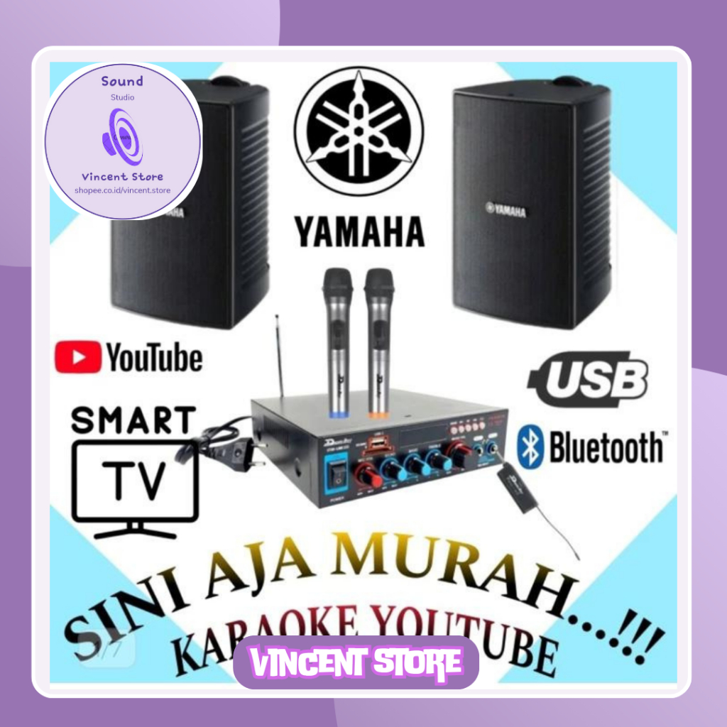 KARAOKE SET MINI SPEAKER YAMAHA 4 INCH, AMPLIFIER KARAOKE YOUTUBE SMART TV, 2 MIC WIRELESS..