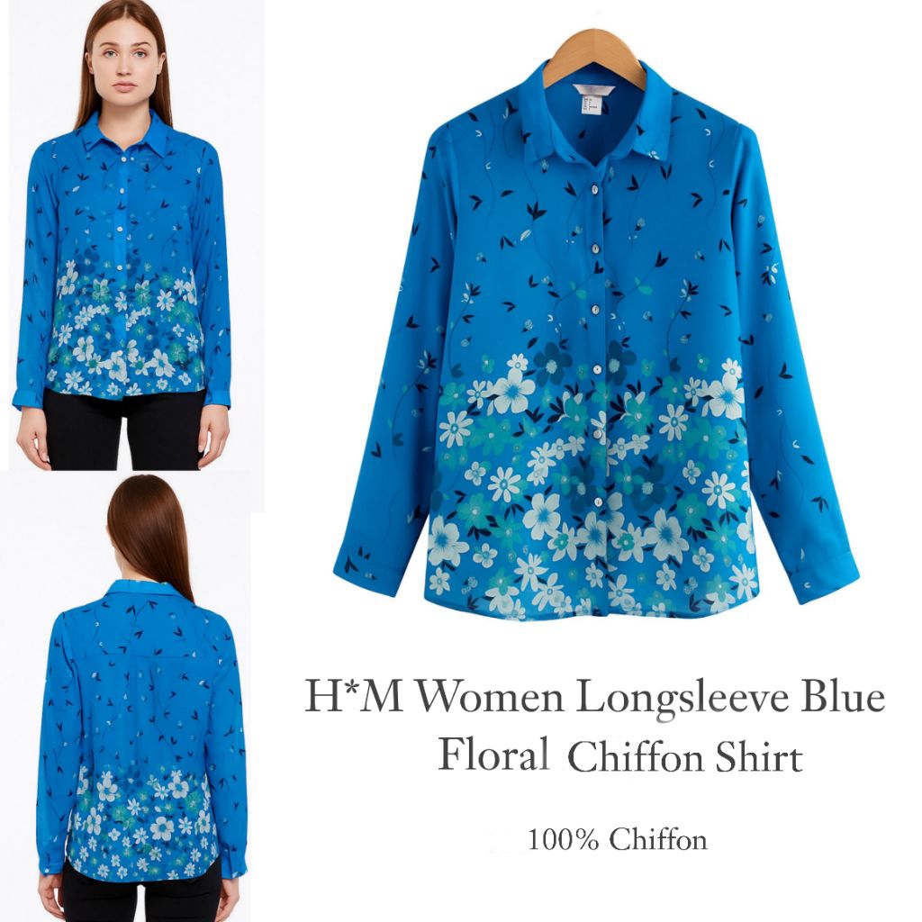 H*M Women Longsleeve Blue Floral Chiffon Shirt/Kemeja Wanita Branded Fulltag/Kemeja Wanita Terbaru