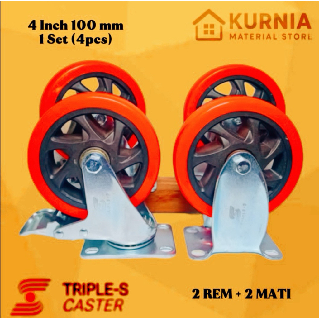(4pcs) Roda Trolli 5 inch 125 mm PU Medium Duty ( 2 Rem + 2 Mati )