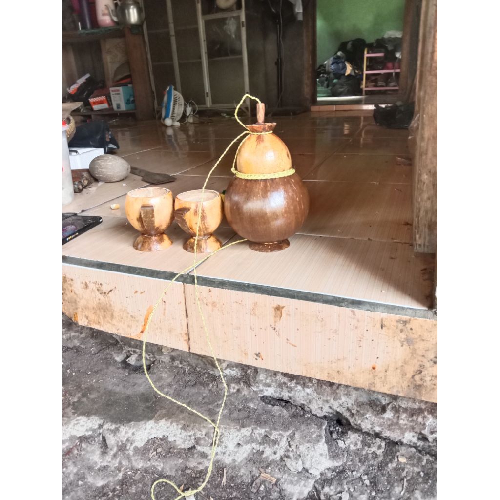 botol air minum kempis batok kelapa +cangkir batok kelapa