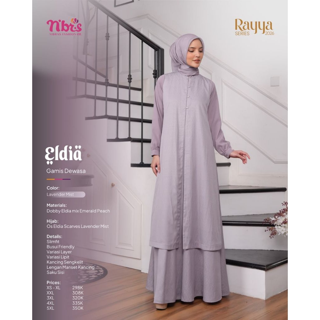 GAMIS ELDIA NIBRAS WARNA LAVENDER MIST, SARIMBIT ELDIA NIBRAS GAMIS DEWASA WARNA LAVENDER MIST