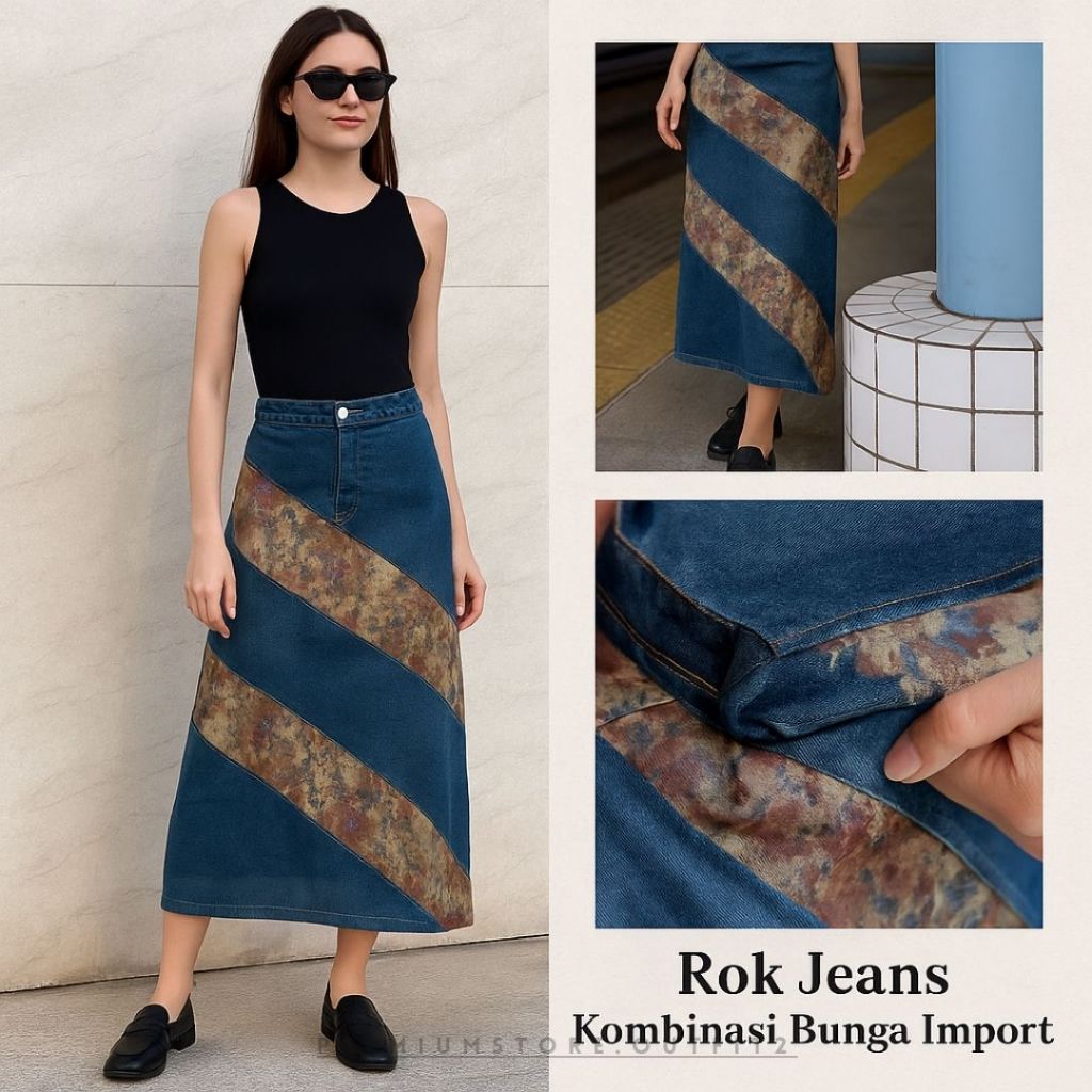 Rok Jeans Panjang Wanita XXL Kombinasi Bunga Import Premium - Rok Denim A-Line Elegan Modern