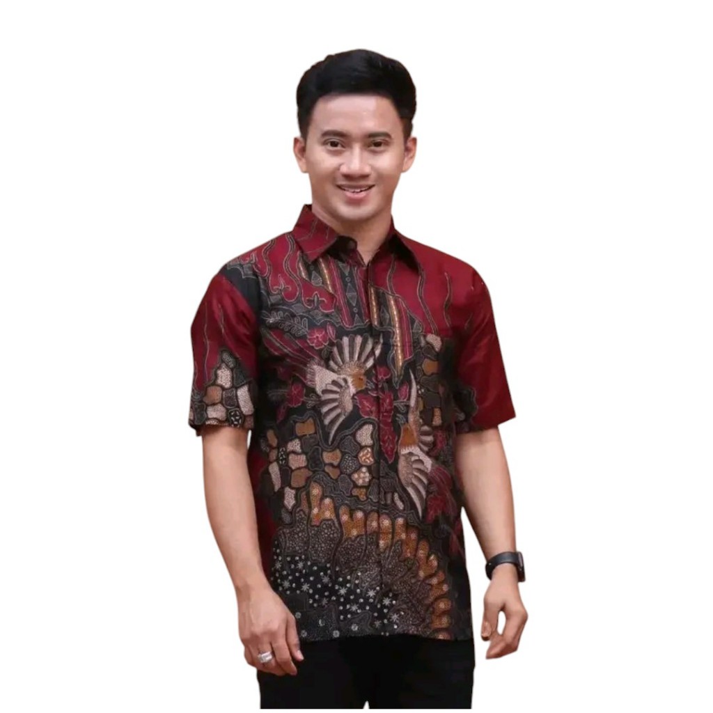 Kemeja Batik Pria Lengan Pendek Warna Merah Maroon - Baju Batik Pria Dewasa Watna Merah