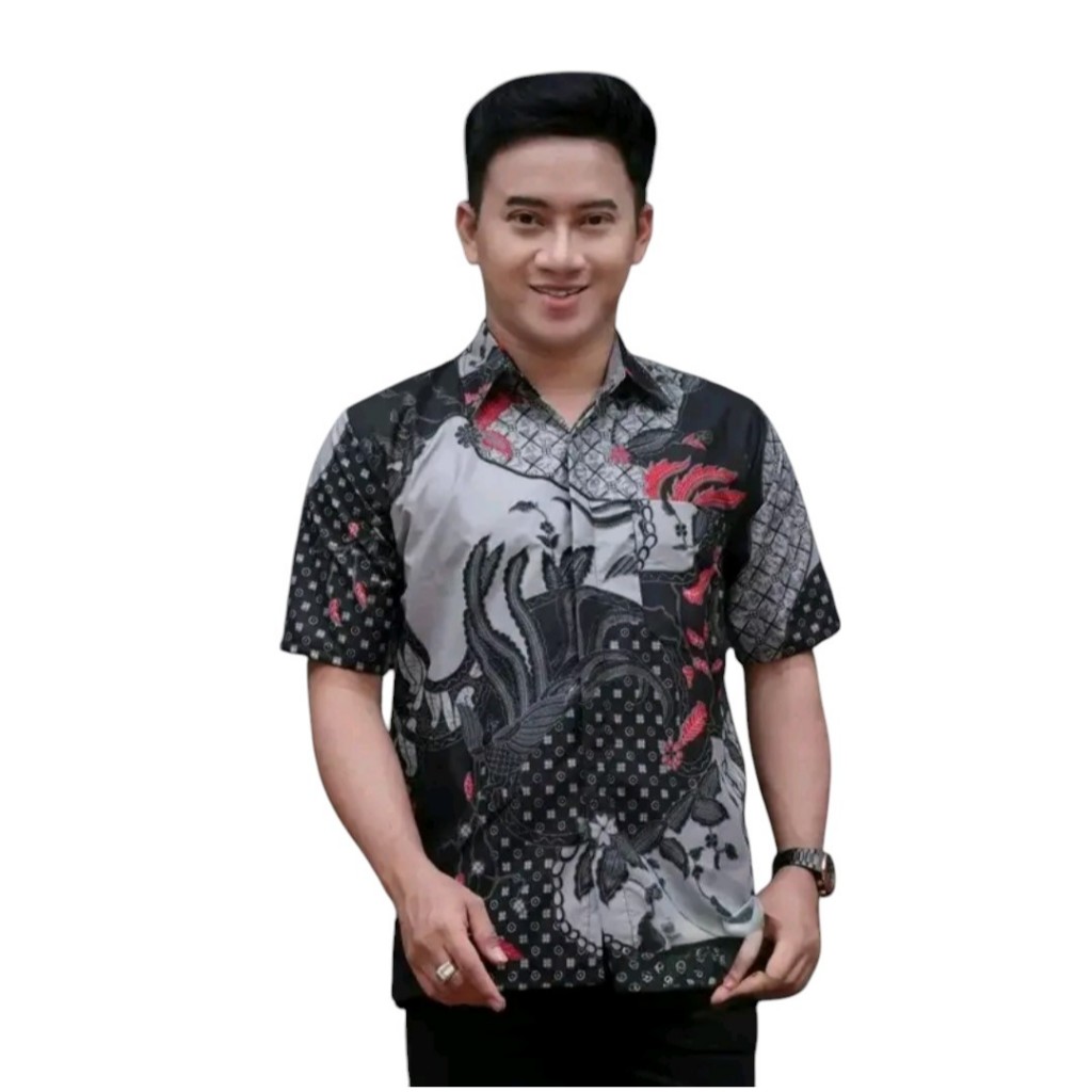 Kemeja Batik Warna Abu-Abu Warna Abu-Abu Lengan Pendek - Baju Batik Lengan Pendek Warna Abu-Abu - ke