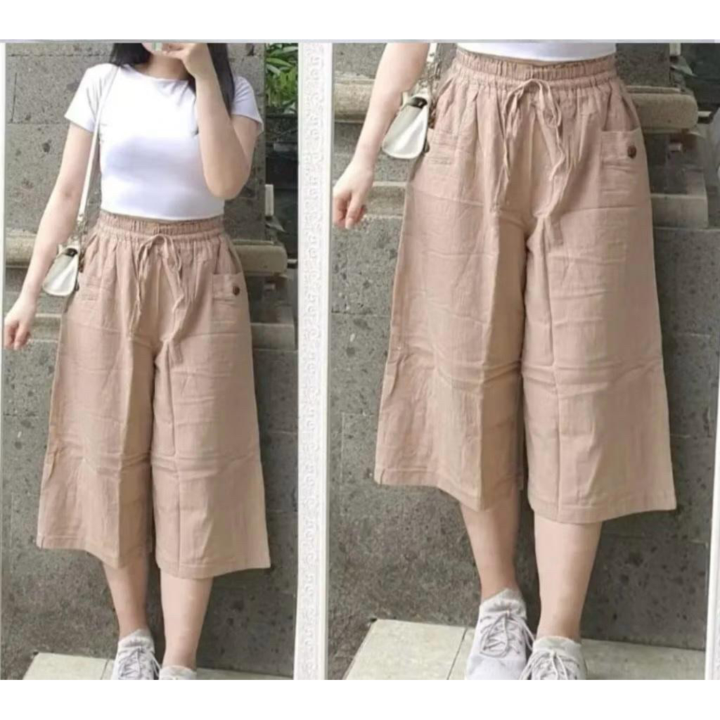 celana haruka 7/8 kekinian linen crinkle kulot santai korean style