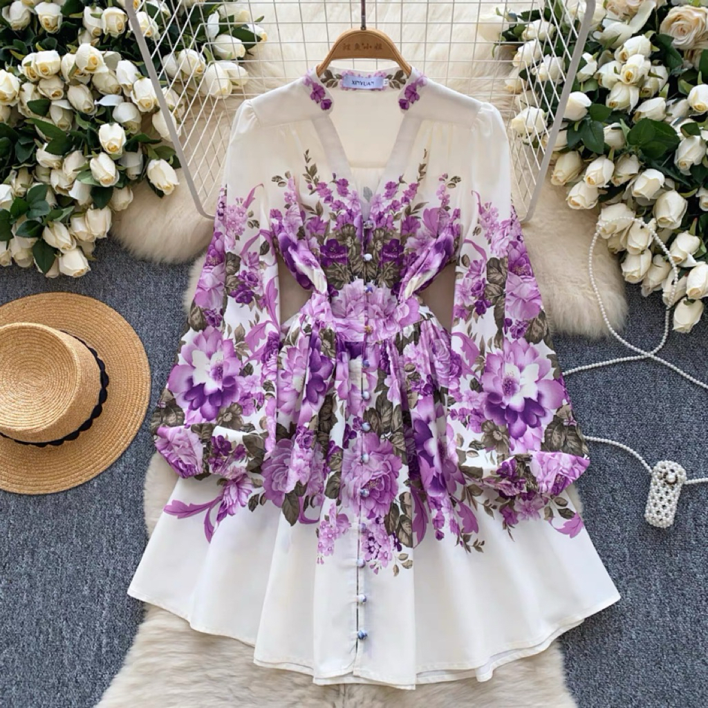 Sweetjola Lavender Floral Dress Premium Lengan Panjang
