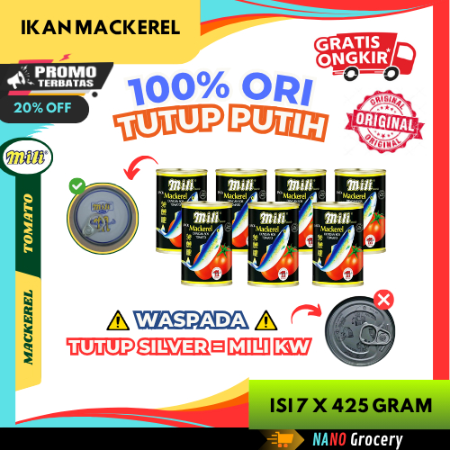 Kimios - 7 Kaleng Sarden Mili Mackerel Original 425 Gram Ikan Sarden Kaleng "Tutup Putih"
