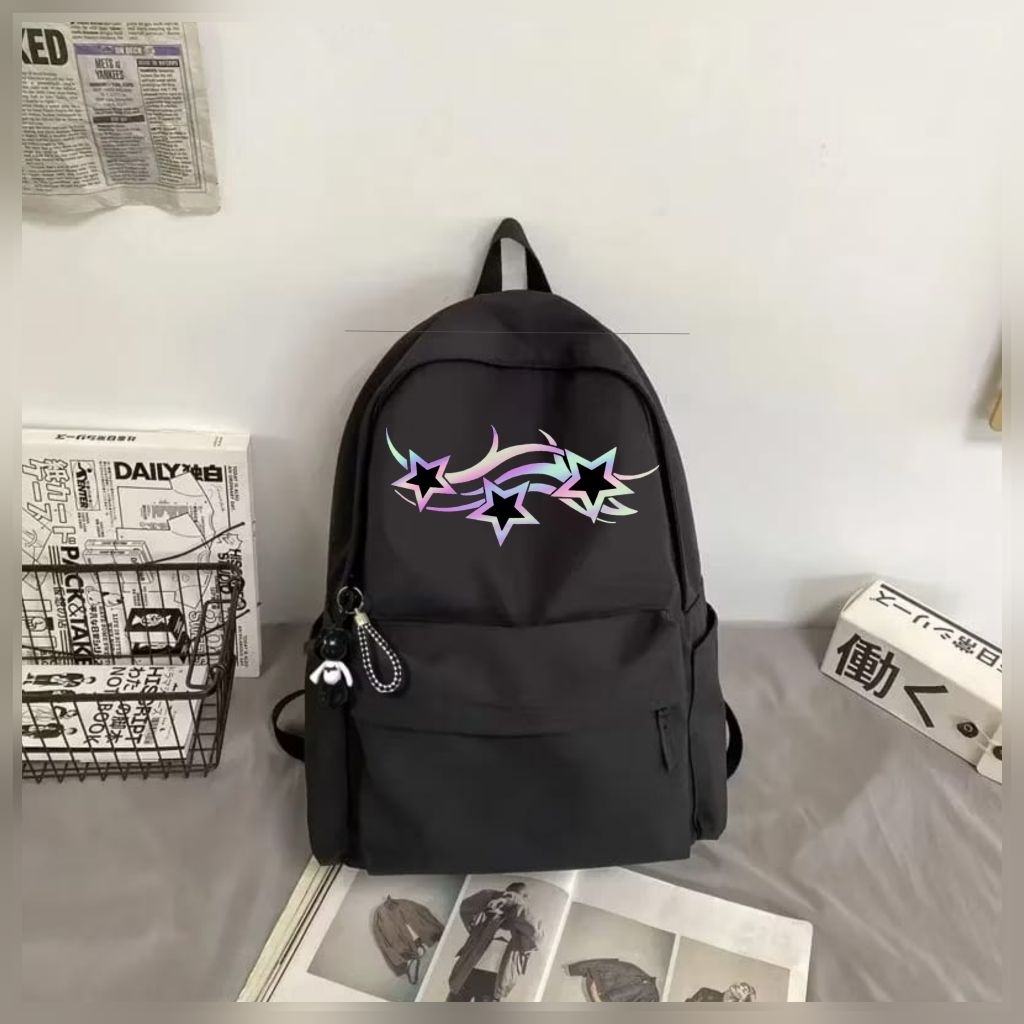 Tas Ransel Basic Gendong Sekolah Pria Wanita Backpack Laptop Trendy Kekinian(BINTANG PELANGI)