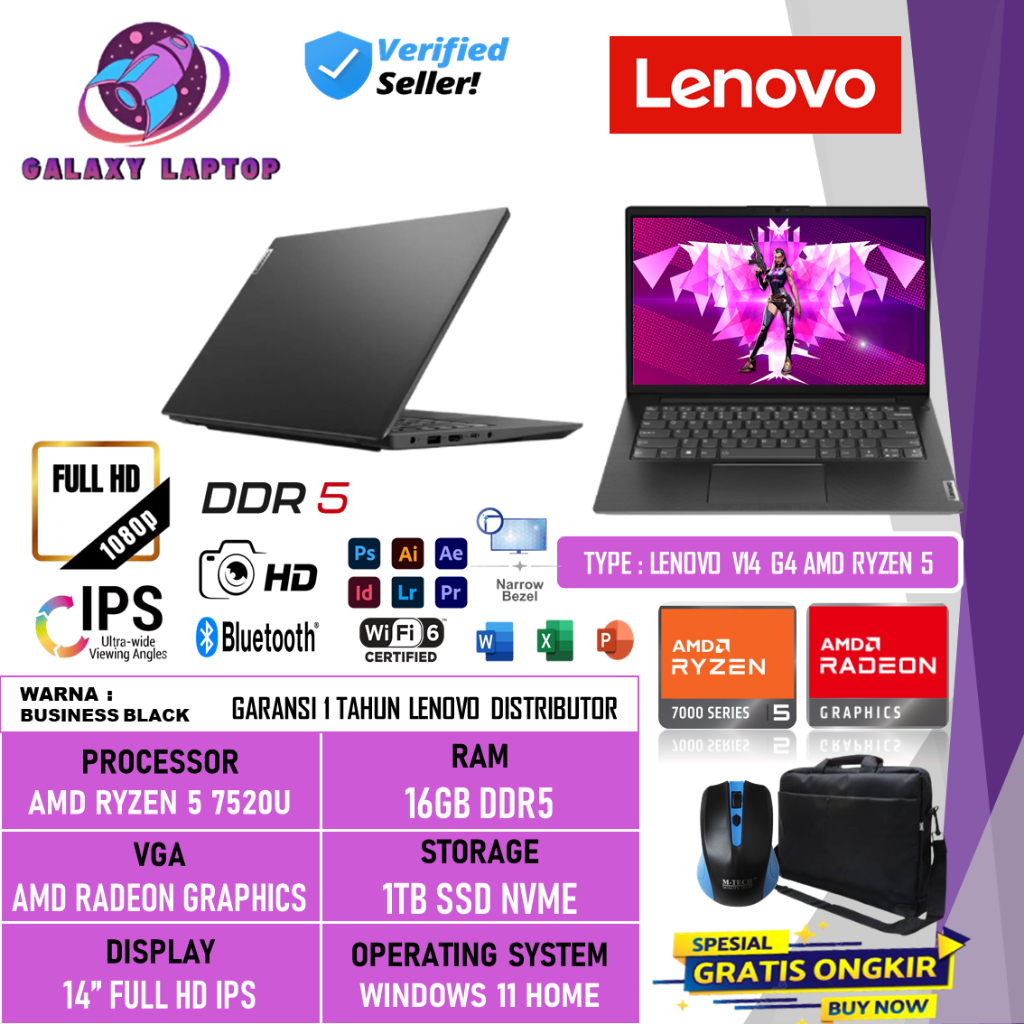 Laptop Lenovo V14 G4 Amd Ryzen 5 7520U / 7430U 16GB DDR5 1TB SSD 14 Inch FHD IPS Windows 11 Home