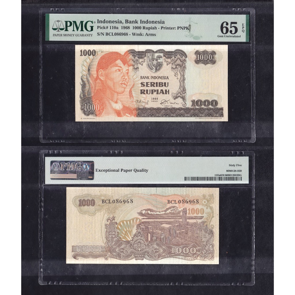Uang kuno PMG 65 EPQ - 1000 Rupiah tahun 1968 Jendral Sudirman S/N BCL0 86968 (almost radar)
