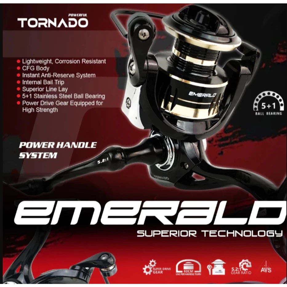 TORNADO Reel Pancing Spinning EMERALD 5+1BB 3000 - 6000 CFG Body Extra Ringan dan Kuat Power Handle 
