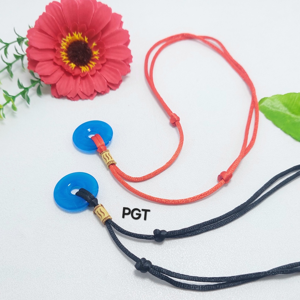 Kalung Tali Satin Liontin Koin Biru Kalung Tali Pria Wanita Kalung Giok