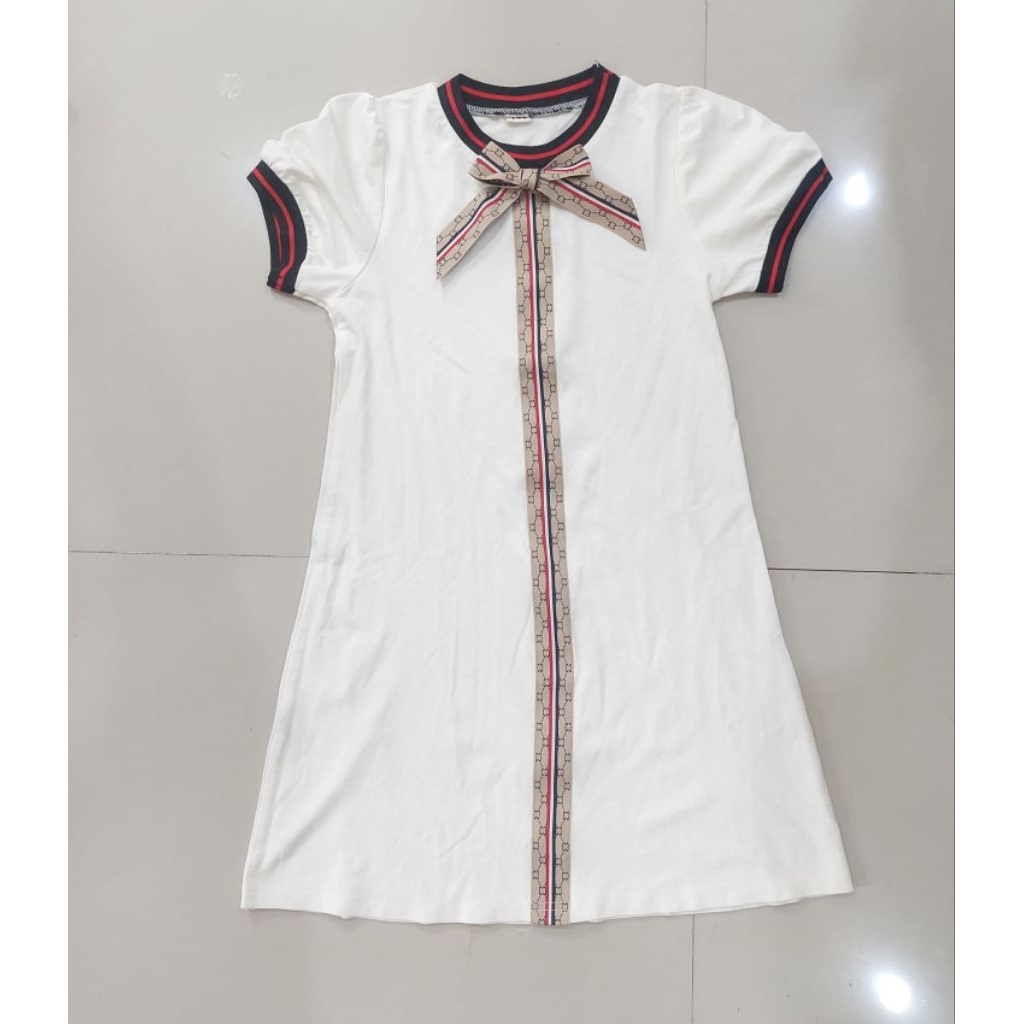 dress Natal baju party pesta rok warna putih motif pita anak perempuan umur 6tahun