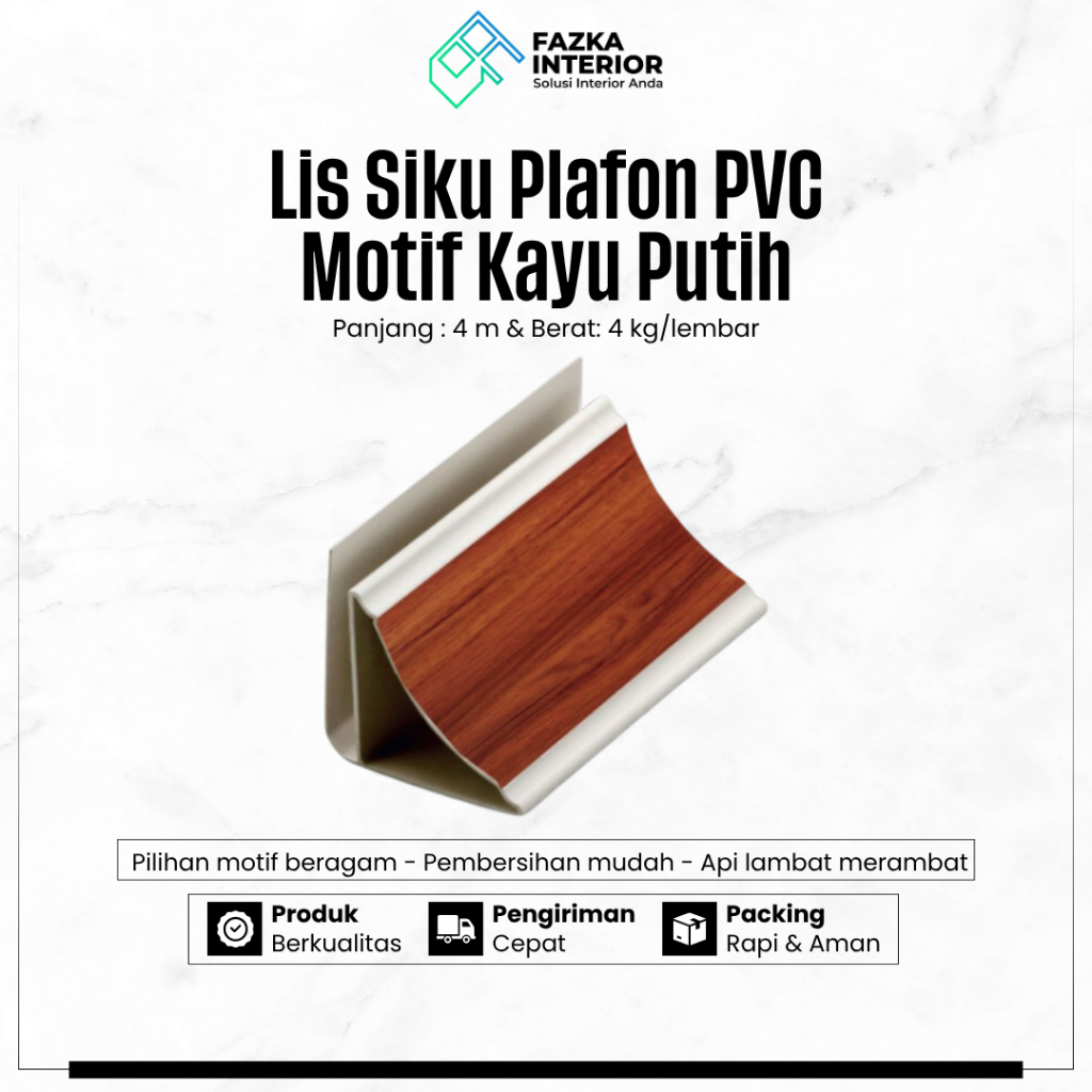 Lis Siku Plafon PVC Motif Kayu Putih Penutup Penyambung Waterproof Anti Rayap Jamur