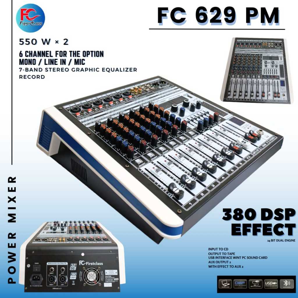 Power Mixer / Power Mixer Audio / Powered Mixer Professional 6 Channel FirstClass FC 629 PM