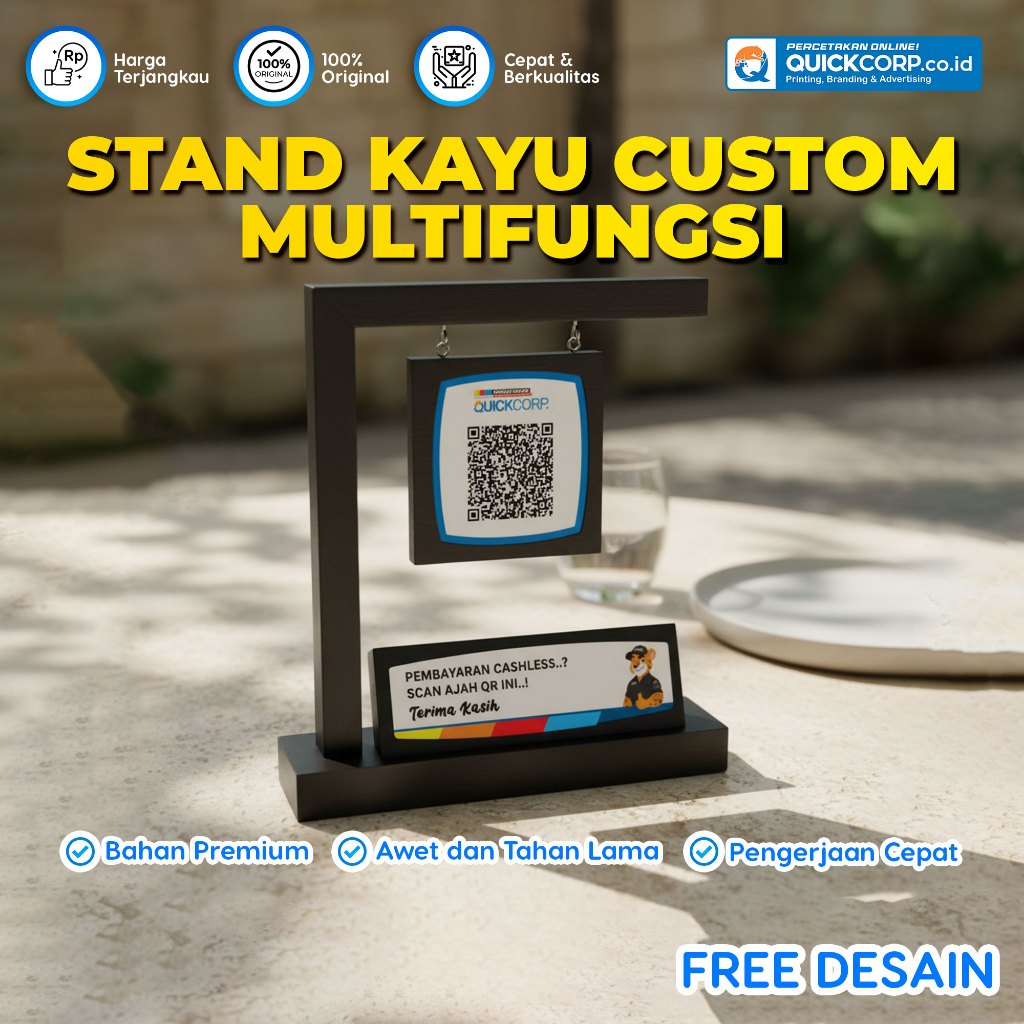 Stand Kayu Custom Multifungsi QRIS Nomor Meja | Dudukan Kayu Cafe Resto Display QR Code