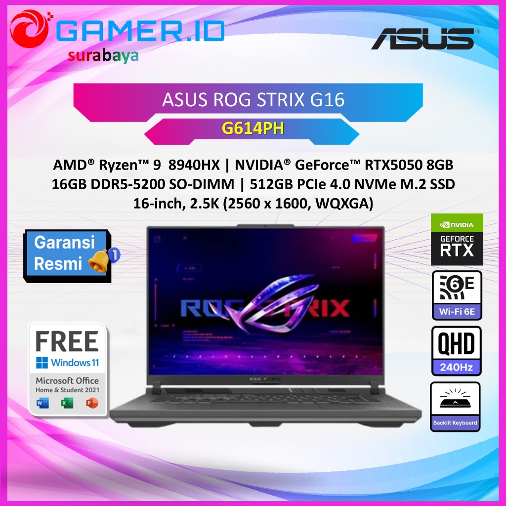 LAPTOP ASUS ROG STRIX G16 G614PH RYZEN 9 8940HX RTX5050 8GB/ 16GB 512GB 16.0 QHD 240HZ