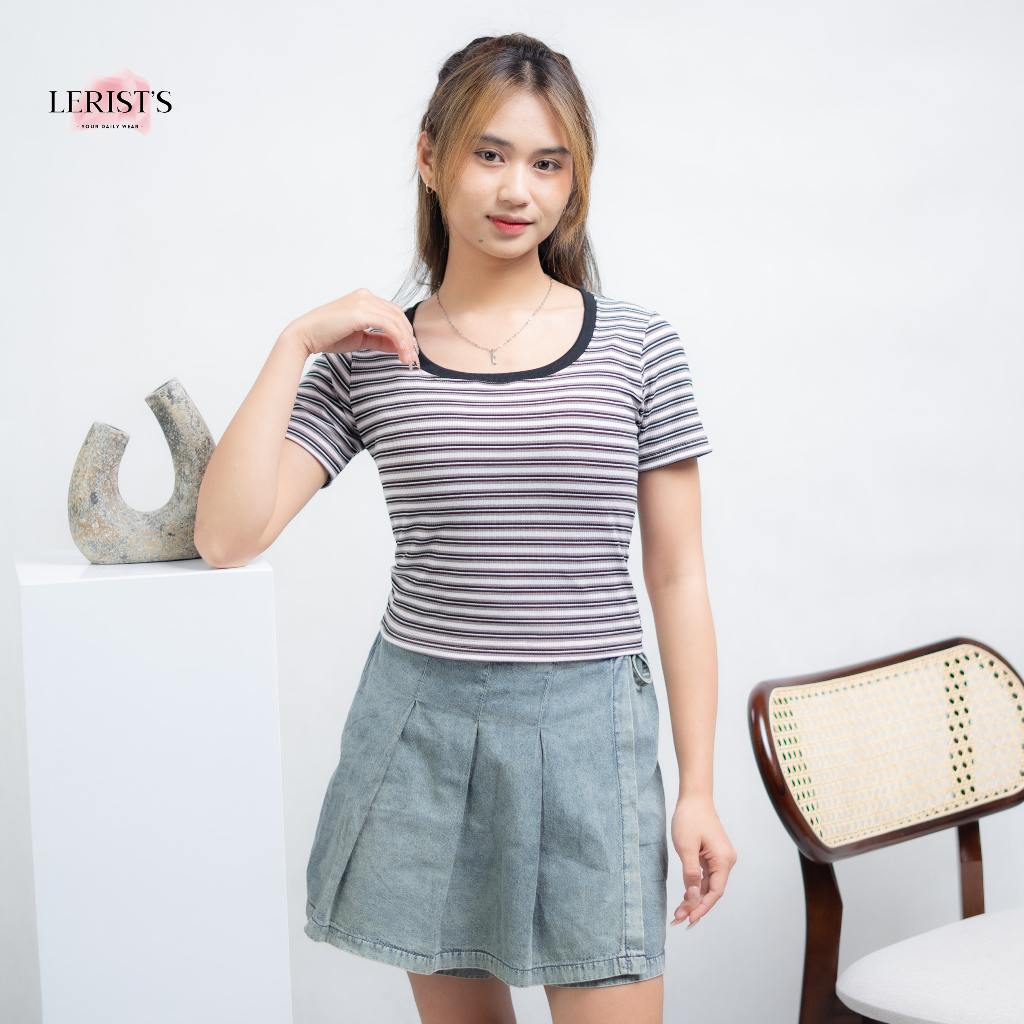 Violyn Top Lerist- Atasan wanita crop knit kekinian motif salur leher u  premium Lerist