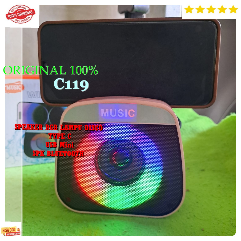 C119 ORI 100% SPEAKER RGB LAMPU DISCO TYPE C USB Mini SPK BLUETOT portabel SPIKER Bluetooth BULAT SP