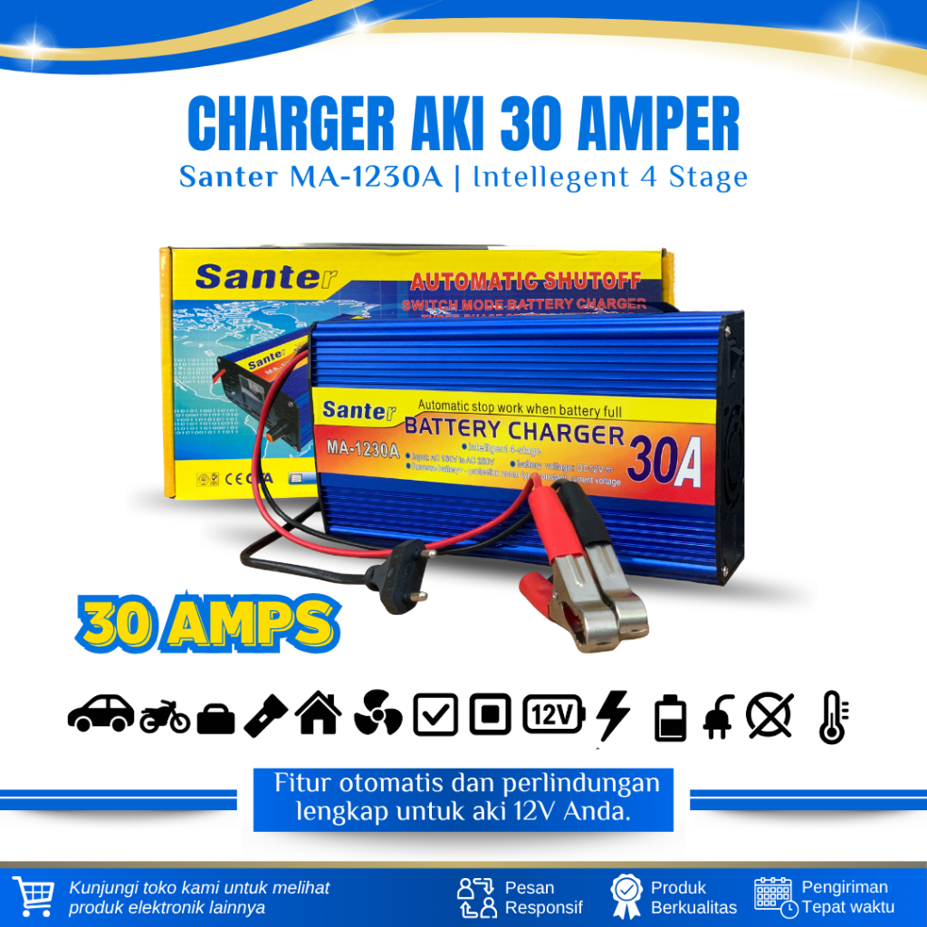 Charger Aki Otomatis Smart Intelligent Auto Repair SANTER MA-1230A charger aki mobil 12V 30 Ampere P
