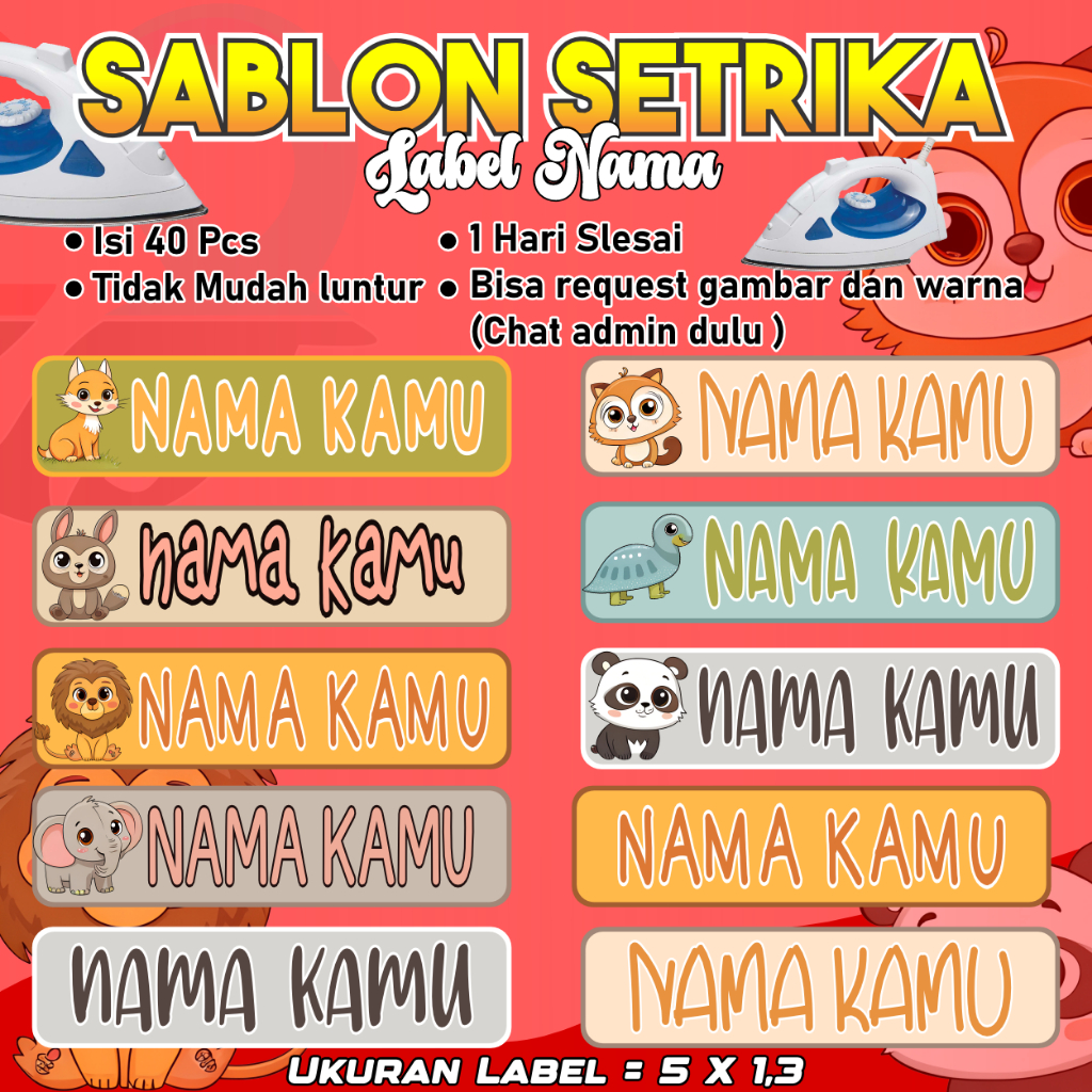 STIKER NAMA CUSTOM,SABLOM NAMA CUSTOM,STIKER NAMA SETRIKA,SABLON NAMA SETRIKA HEWAN