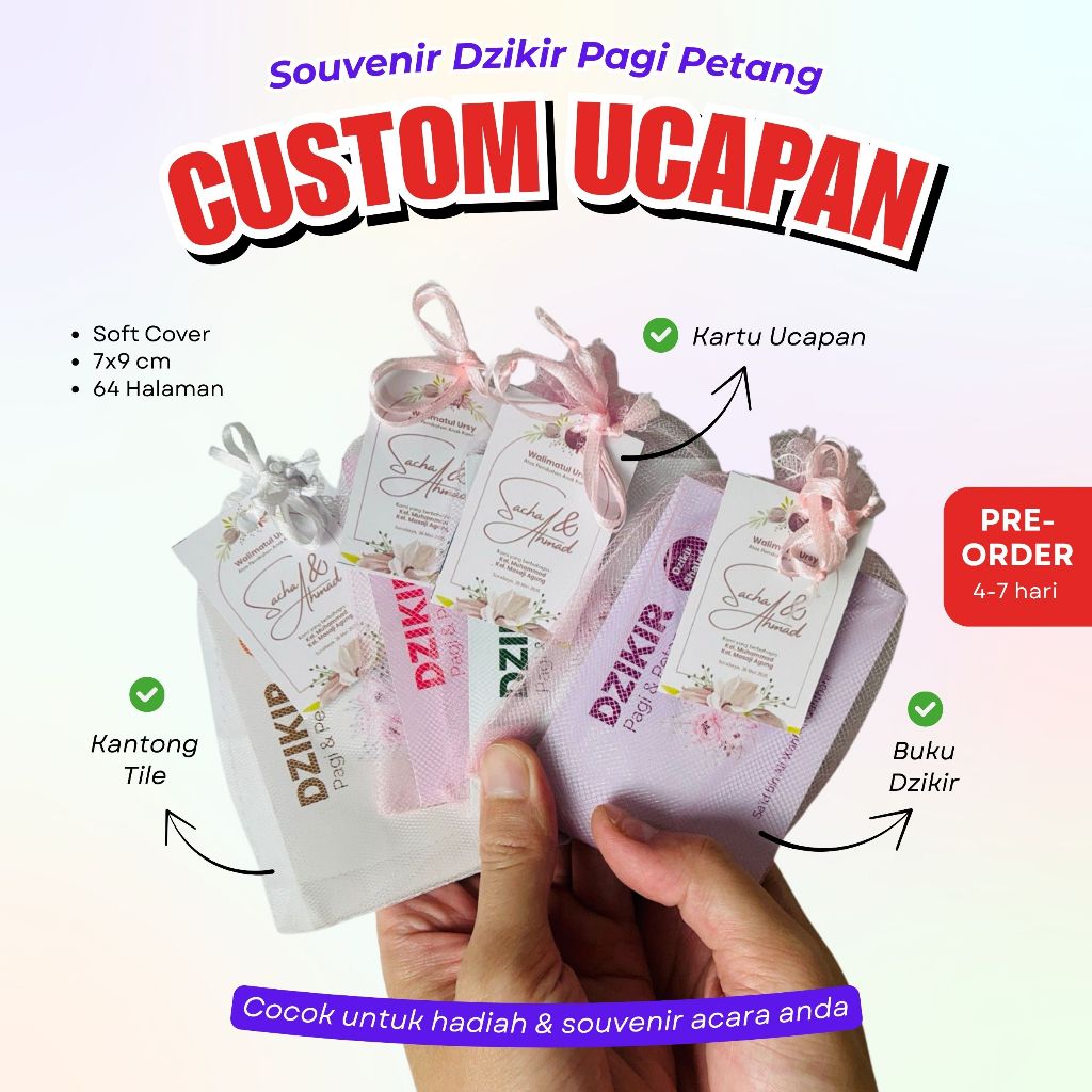 Souvenir - Custom Ucapan + Tile + Buku Dzikir Pagi Petang Untuk Pernikahan Acara Penting (Arafah)