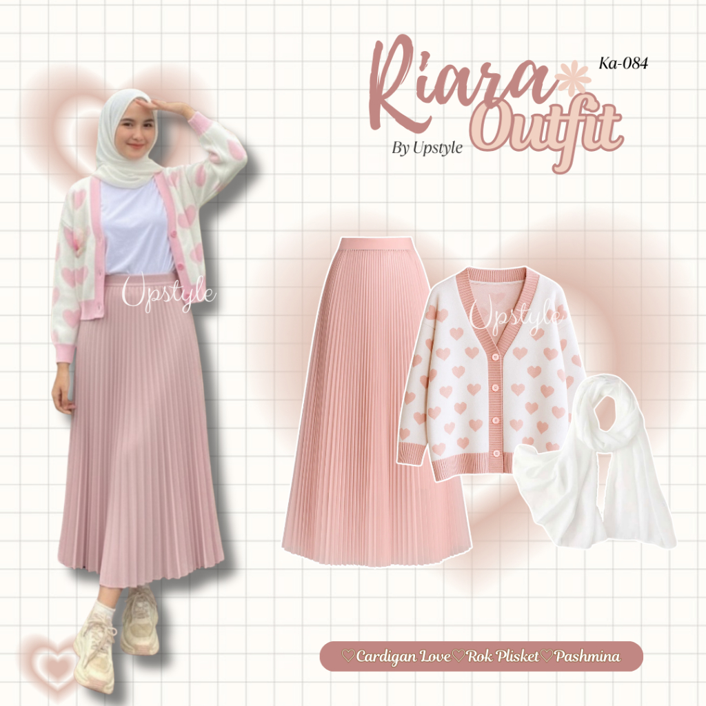 Upstyle - Riara Outfit Set Wanita Korean Style Kekinian OOTD Remaja Cute ( Cardigan Love + Rok Plisk