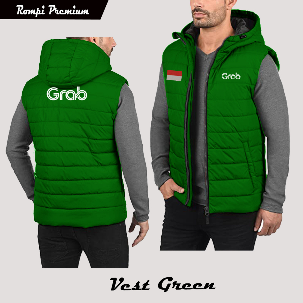 best seller rompi vest taslan kupluk logo grab grabbike grabfood original-Rompi Driver | Rompi Ojol 