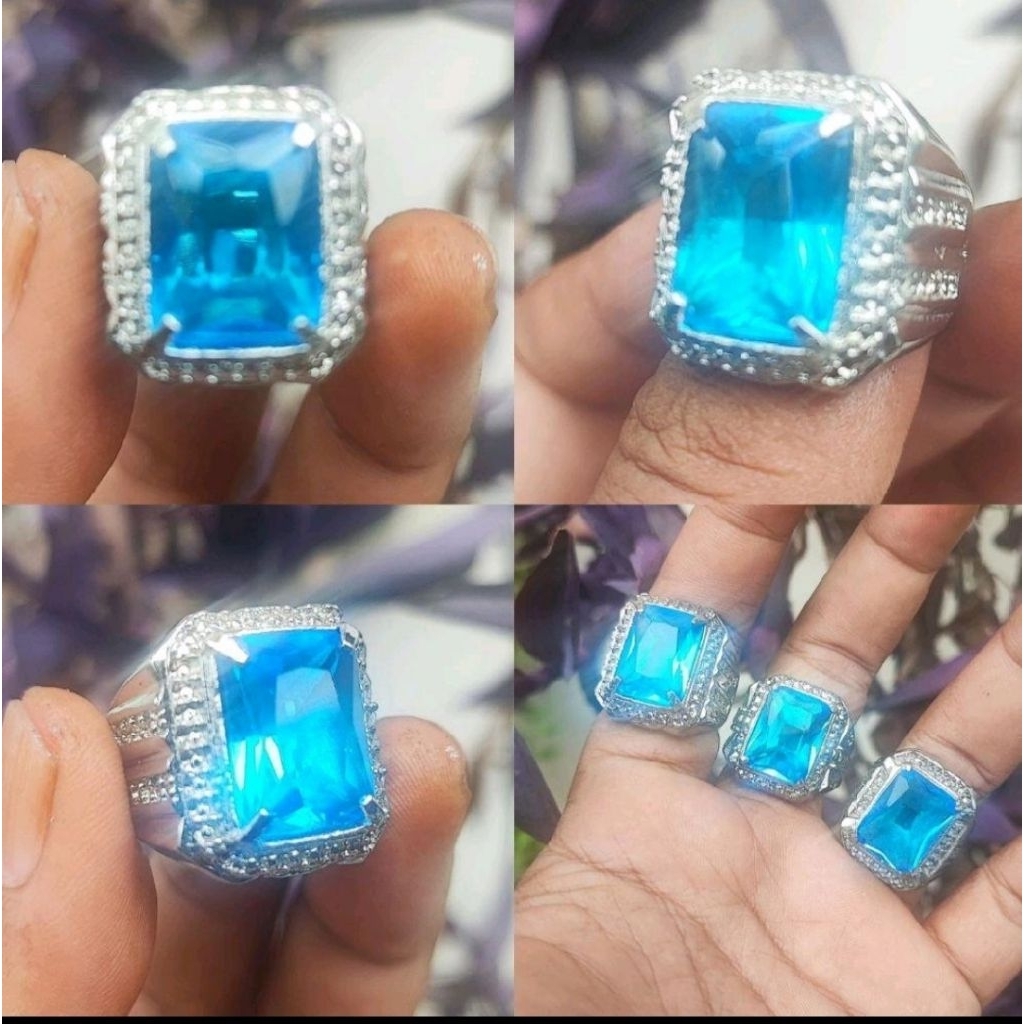 cincin batu akik blue topas kotak ring alpaka