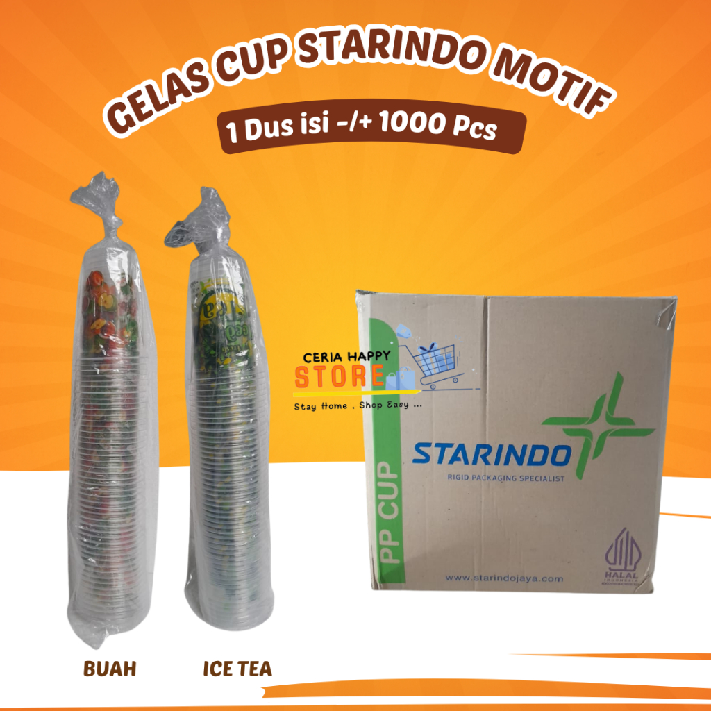 CERIA - 1 Dus 1000 Pcs Gelas Plastik Starindo Motif Buah  Ice Tea l Gelas Oz l Cup Jus Juice Printin