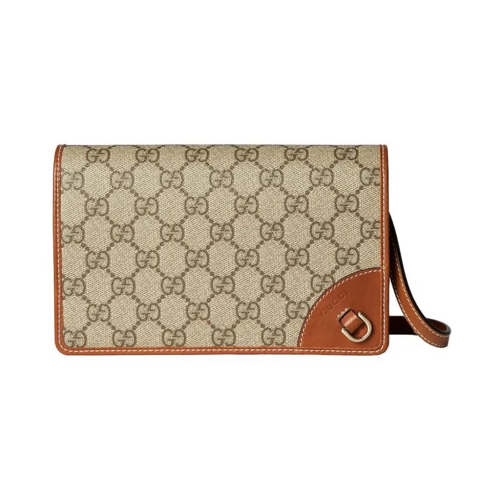 Gucci GG Emblem Supreme Canvas Wallet with Leather Strap Beige Brown Women