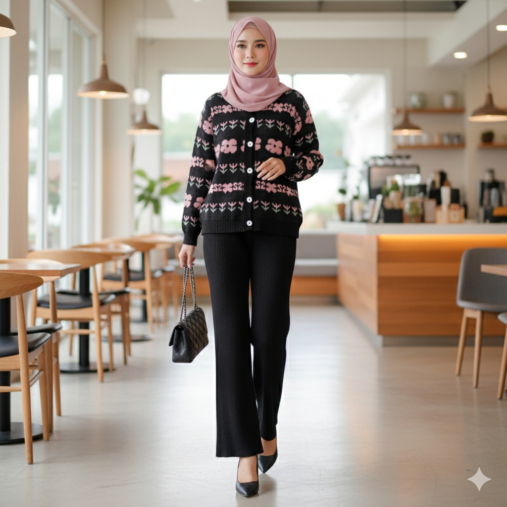 IL - Setelan One Set Wanita Knit Resme FLOWER Kulot Hornet Wanita / Set Cardigan Dan Kulot Wanita