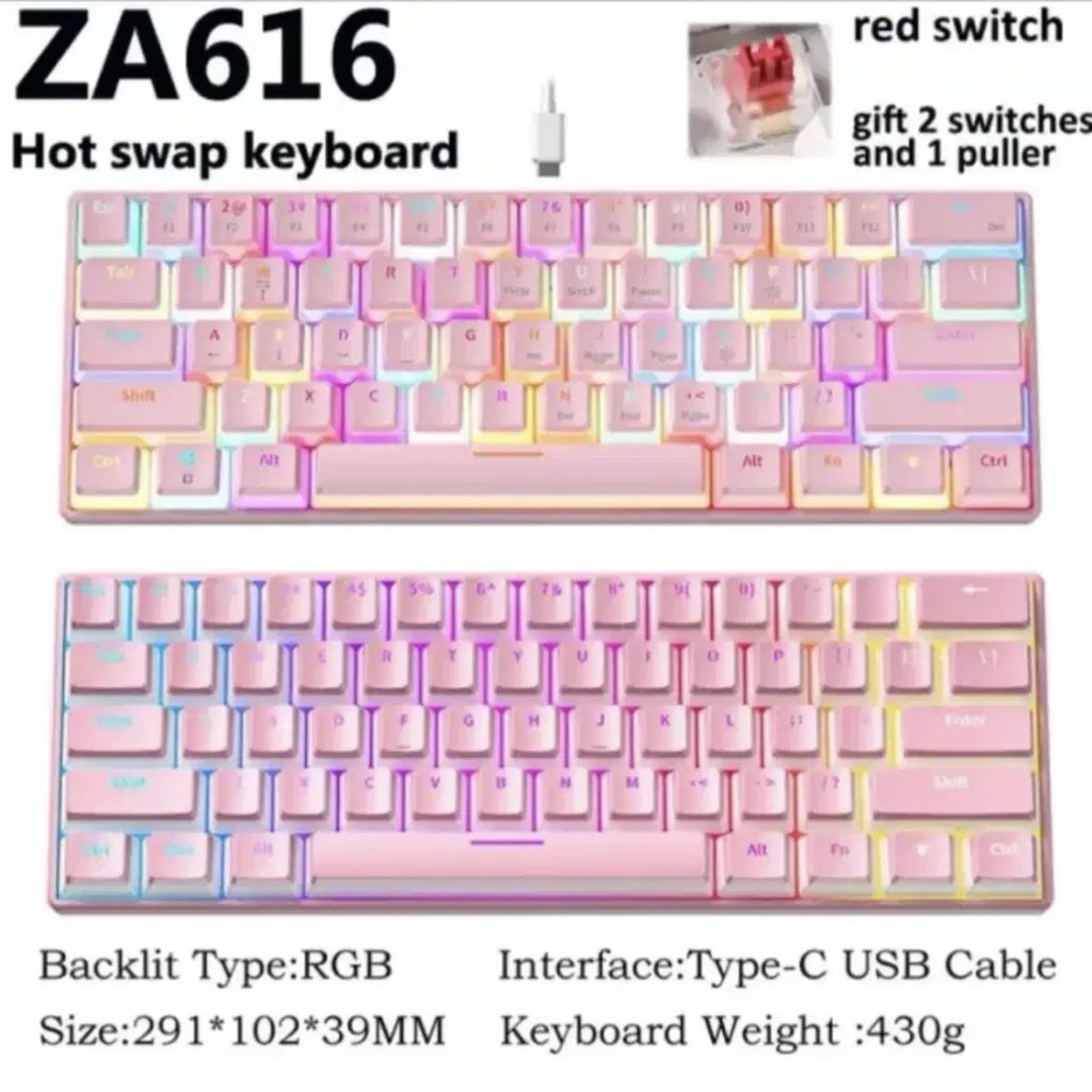 ZIFRIEND ZA616 Wired Pudding Keycaps RGB Backlit Mechanical Keyboard - Pink