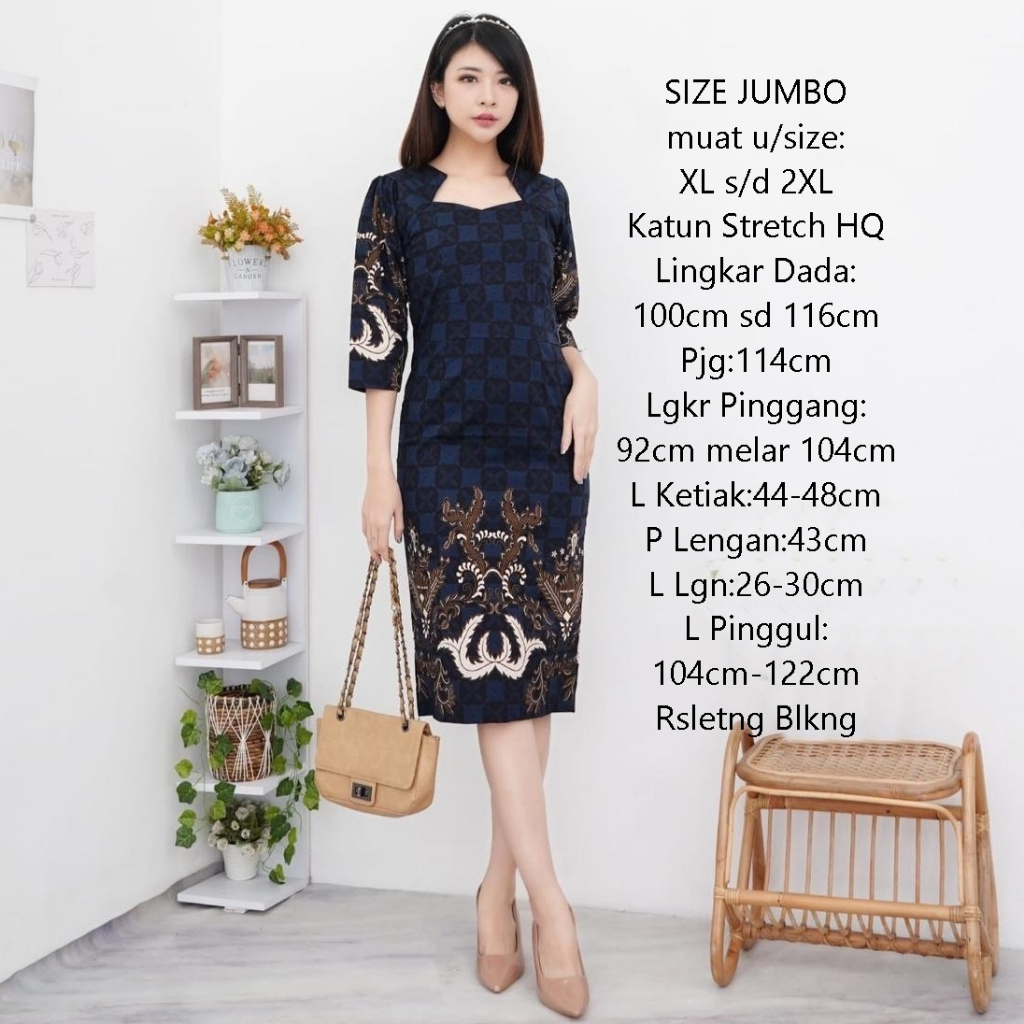 Midi Batik Dress Modern Wanita Bodycon Baju Gaun Batik kerja kantor wanita bahan katun stretch melar
