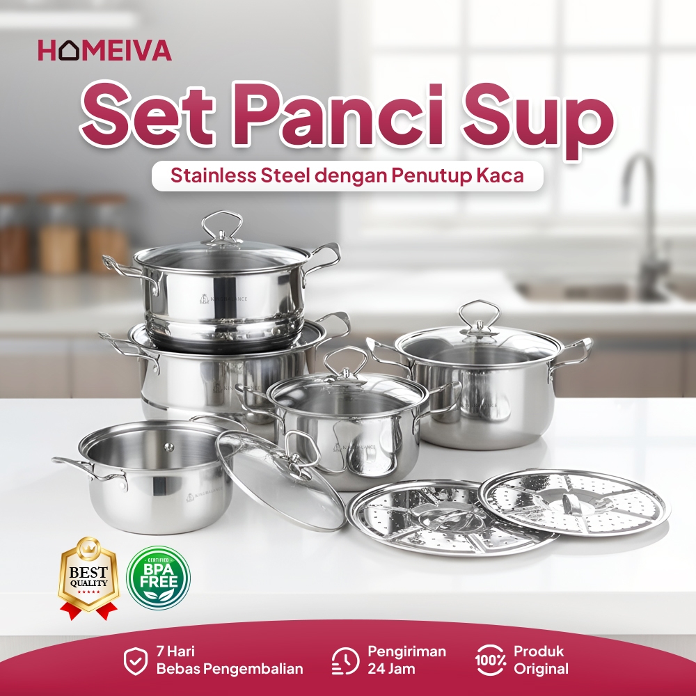 HomeIva Panci Sup Stainless 1 Set 5 Pcs Panci Sup - Panci Serbaguna Tutup Kaca