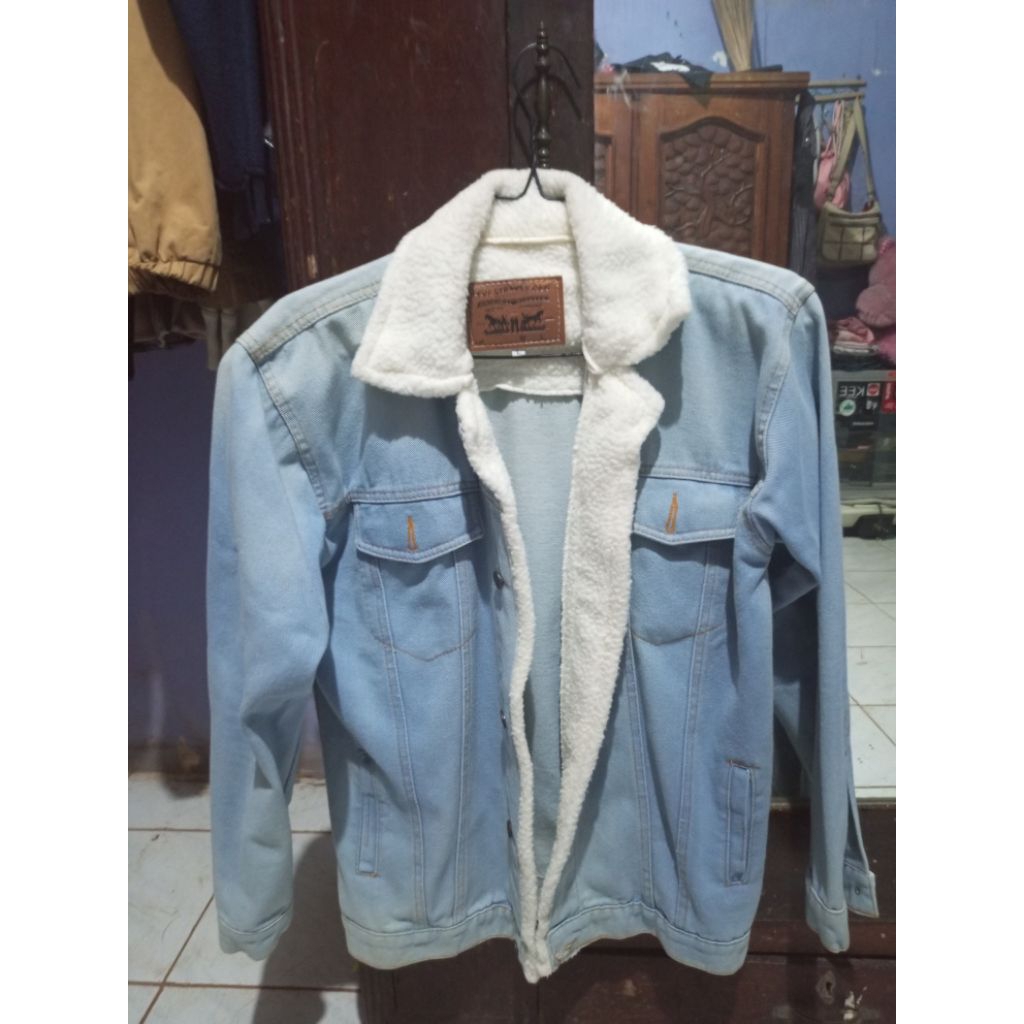 Jaket jeans pria trucker Sherpa bulu jaket tebal Preloved