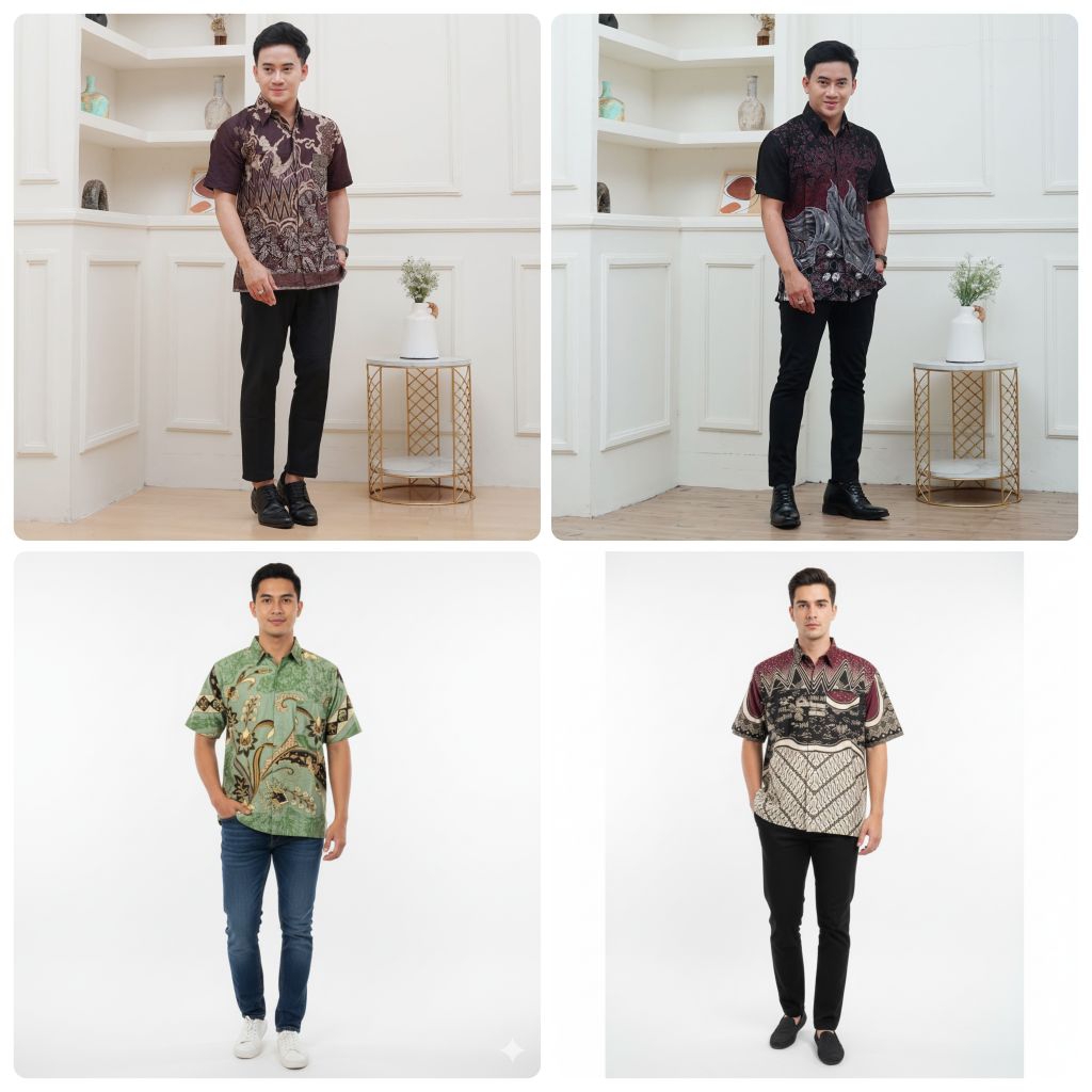 Batik Pria Lengan Pendek Modern Bahan Katun HM6147 Baju Seragam Pesta Pernikahan Dan Kantor