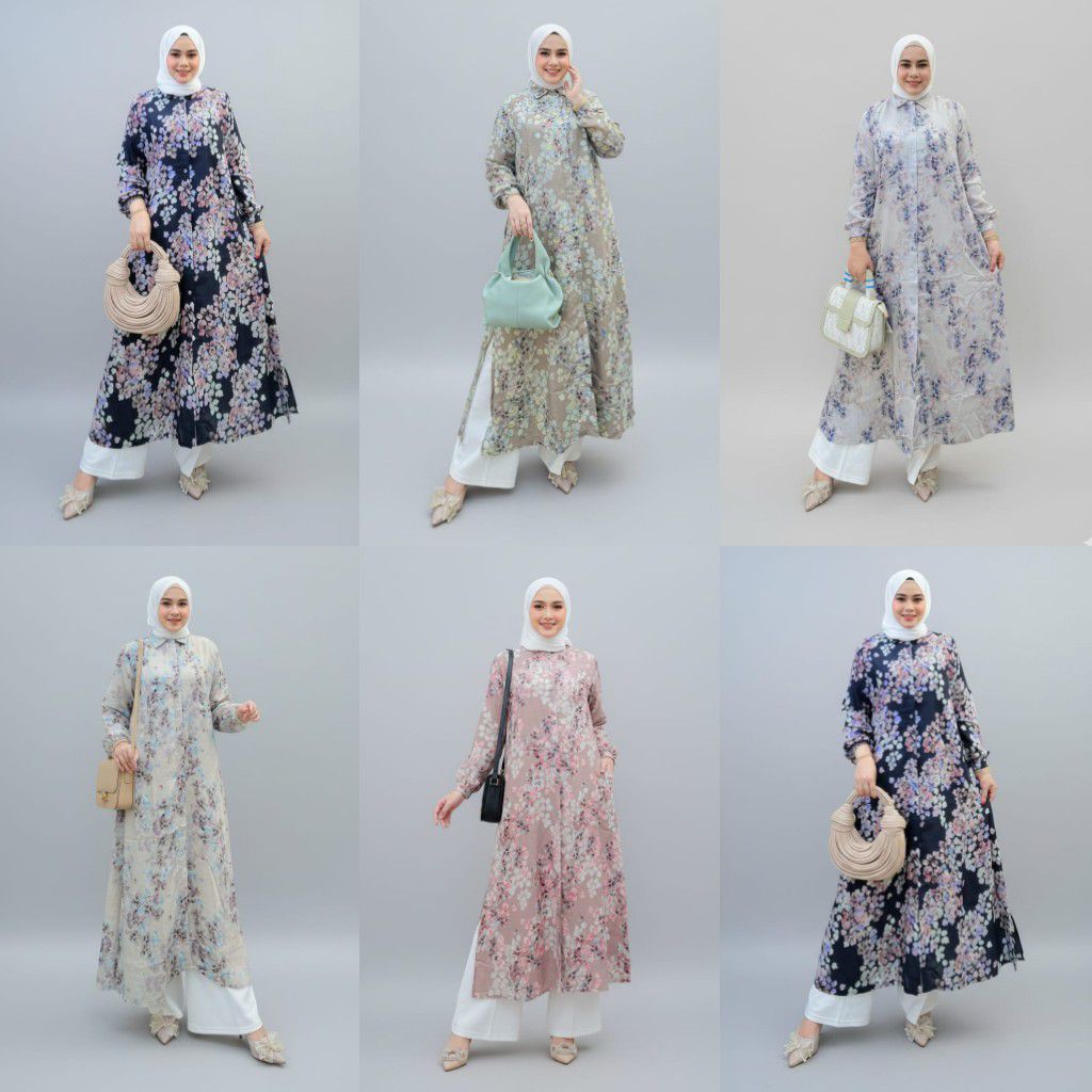 ALYa.BOUTIQUE- Malaya Long Tunik Premium-Tunik Belah Depan- Long Tunik Motif Bunga-Tunik Bahan Tence