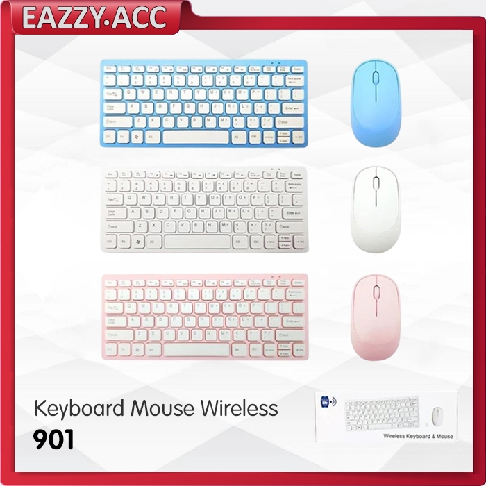 Keyboard Mouse Wireless Combo Mini 901 Putih Biru Pink
