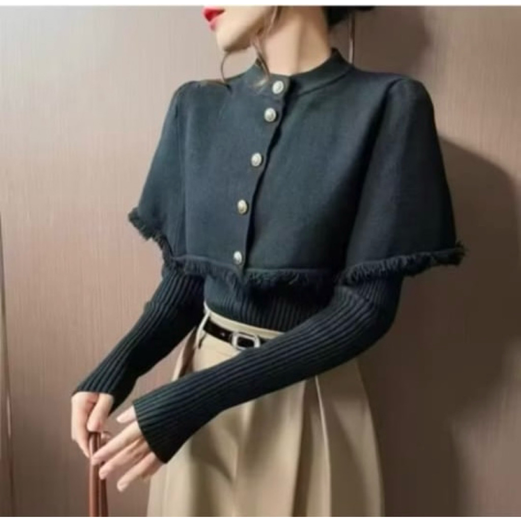 Baju atasan set rumbai hitam rajut