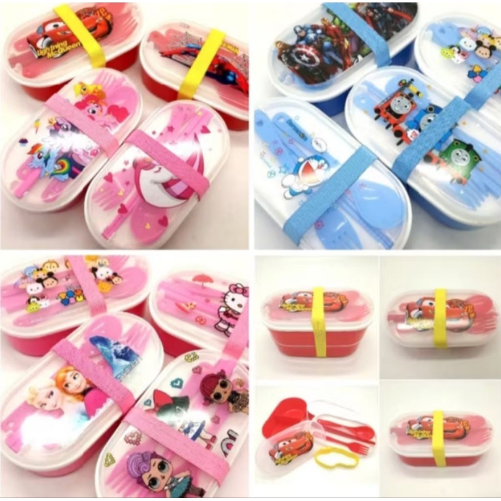 Kotak makan anak gambar Karakter kesukaan anak 2 tingkat set bekal sekolah, piknik