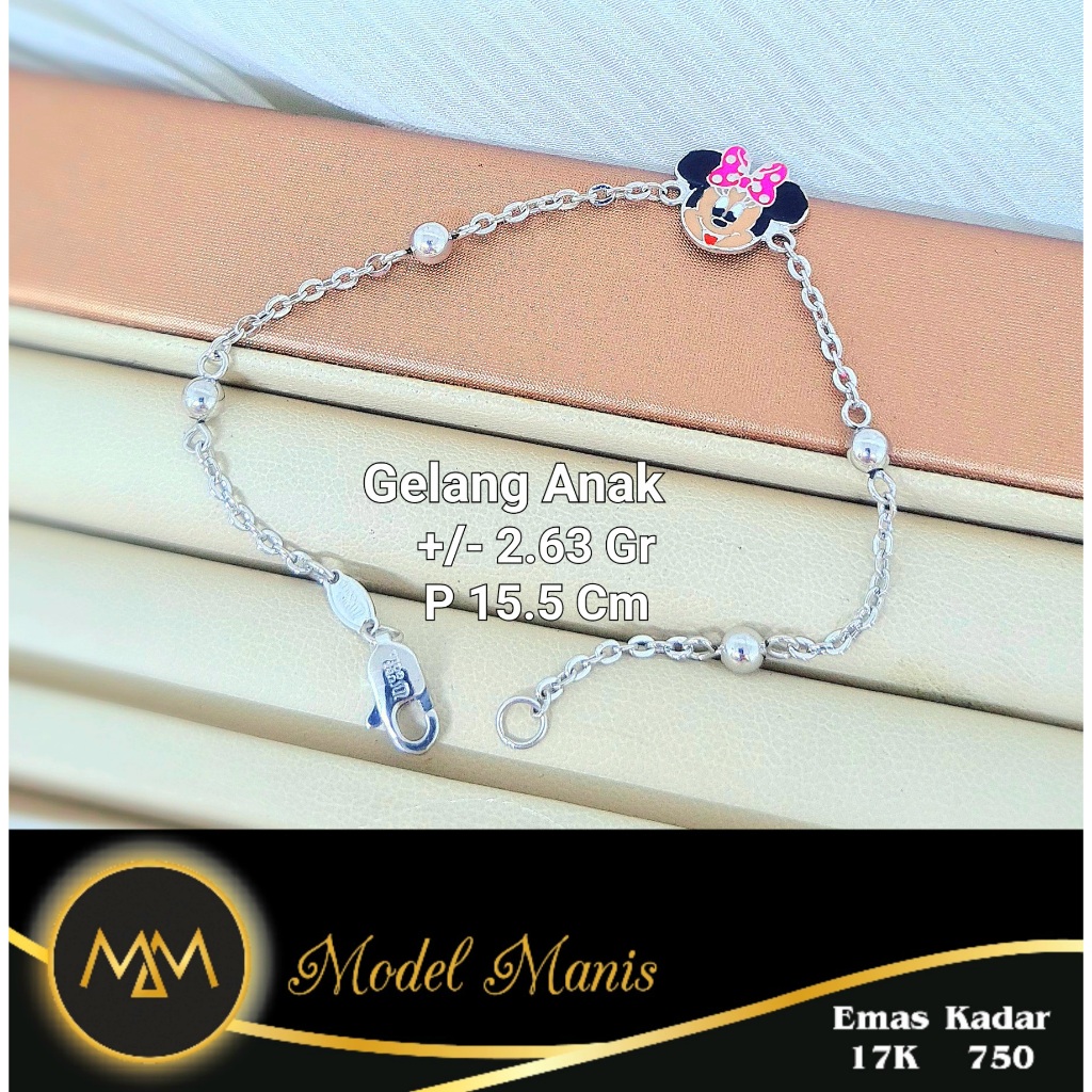 Model Manis Gold - Gelang Anak Karakter Minnie Putih - Emas 17k 750