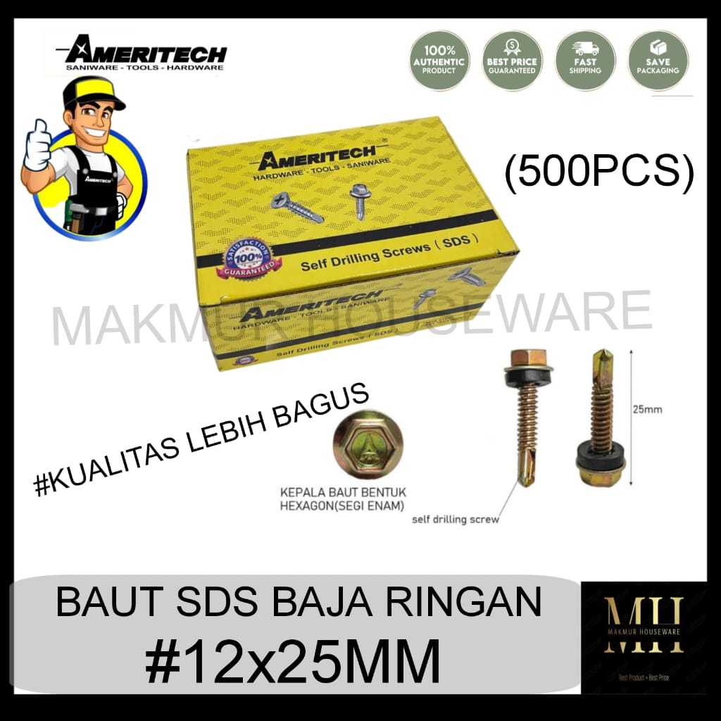 12X25MM (500PCS) BAUT SDS AMERITECH / BAUT BAJA RINGAN SDS 12X25MM / SKRUP ROOFING ATAP BAJA RINGAN