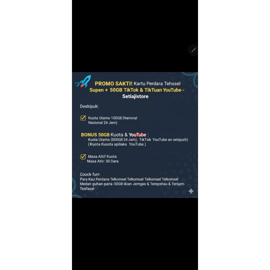 PROMO SAKTI Kartu Perdana Telkomsel 100GB + 50GB TikTok & YouTube - Setiajistore