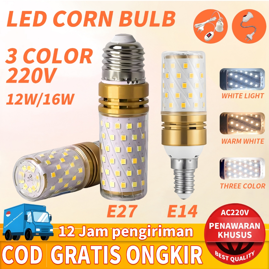 [KIRIM SEKARANG] LAMPU BOLA LAMPU HIAS LED BULB PUTIH LAMPU JAGUNG 3 WARNA 12W 16w E27 E14