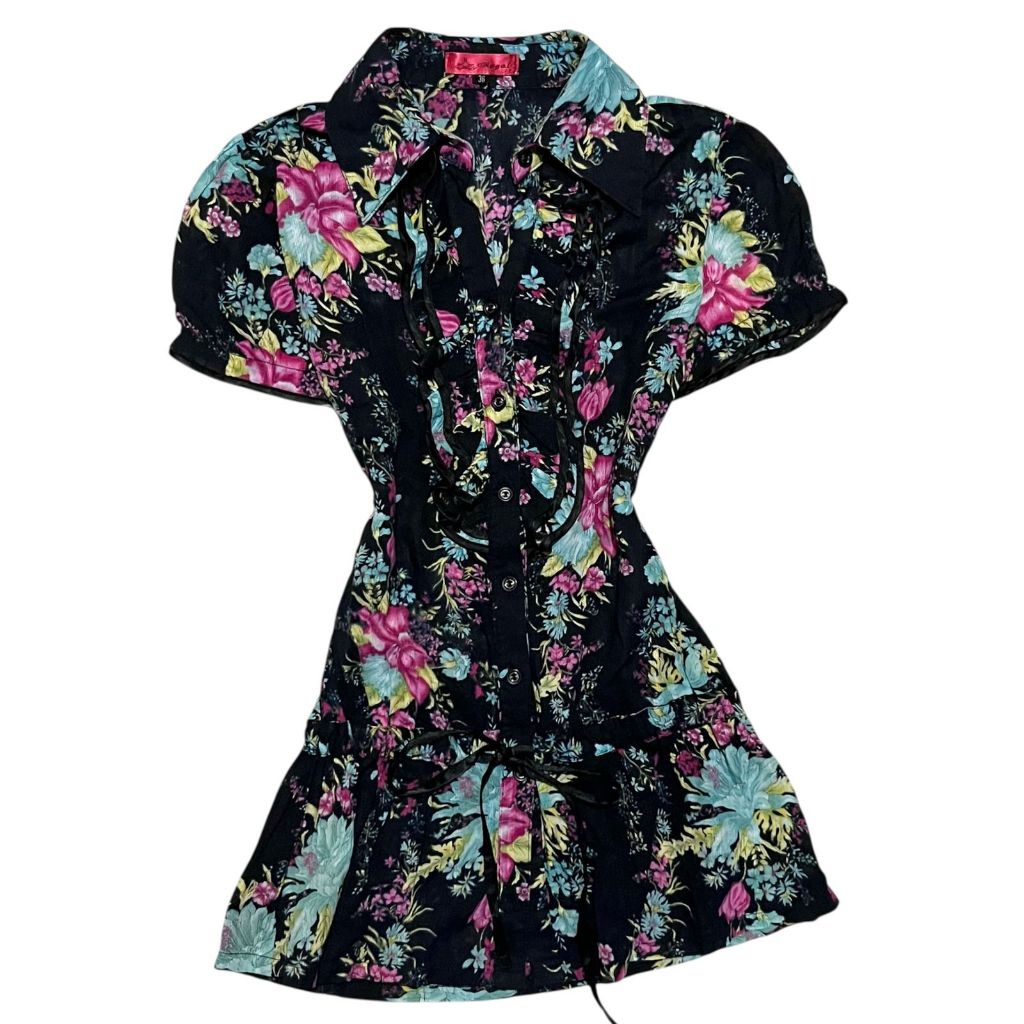 Floral Ruffle Buttoned Up V Neck Puffy Ribbon Coquette Babydoll Top | Fairycore vintage pita smock p