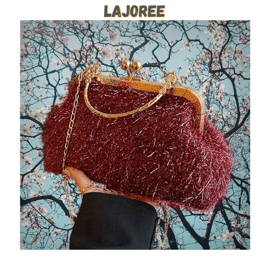 LAJOREE Iris Clutch Tas Pesta Wanita Elegan Bulu Glitter Mewah Rantai Emas Clutch Party Vintage