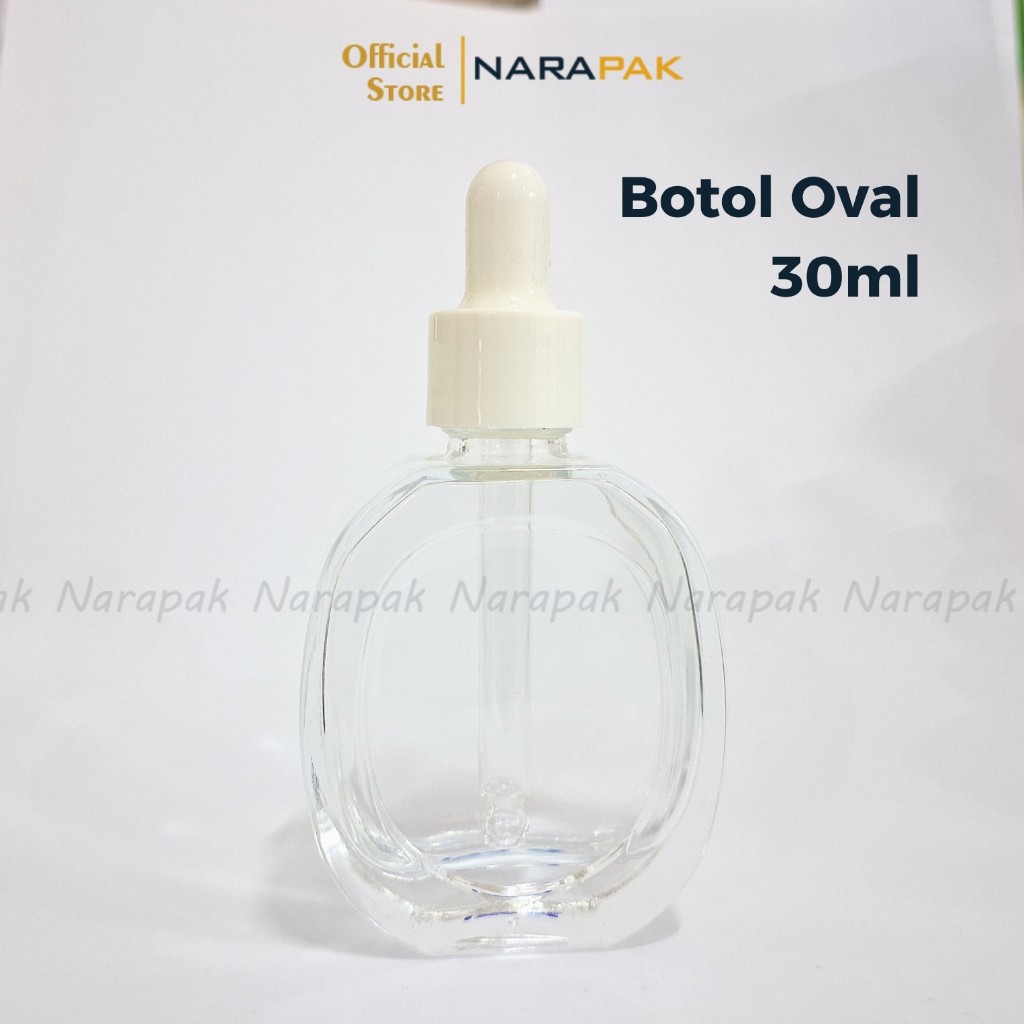 Botol Kaca 30ml Bentuk Oval Bening Pipih Tutup Putih Unik Pipet Tetes Serum Skincare