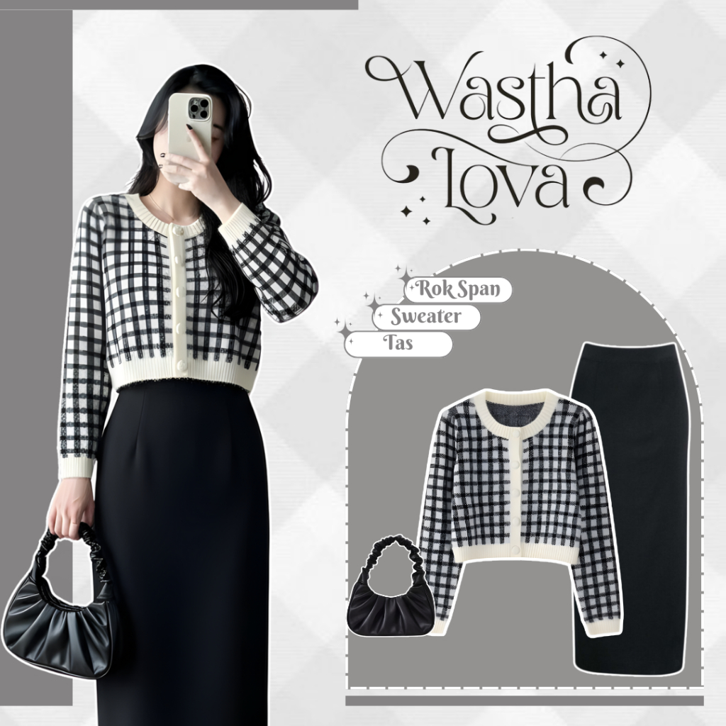 One Set 3 In 1 Wanita Kekinian | Sweater Crop + Rok Span Rajut + Sholder Bag  + Hijab | Setelan Rema